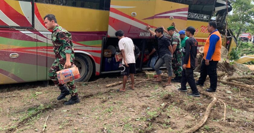 Kodim 0913/PPU Sigap Evakuasi 33 Penumpang Bus Bintang Mas yang Terguling di Nipah-Nipah